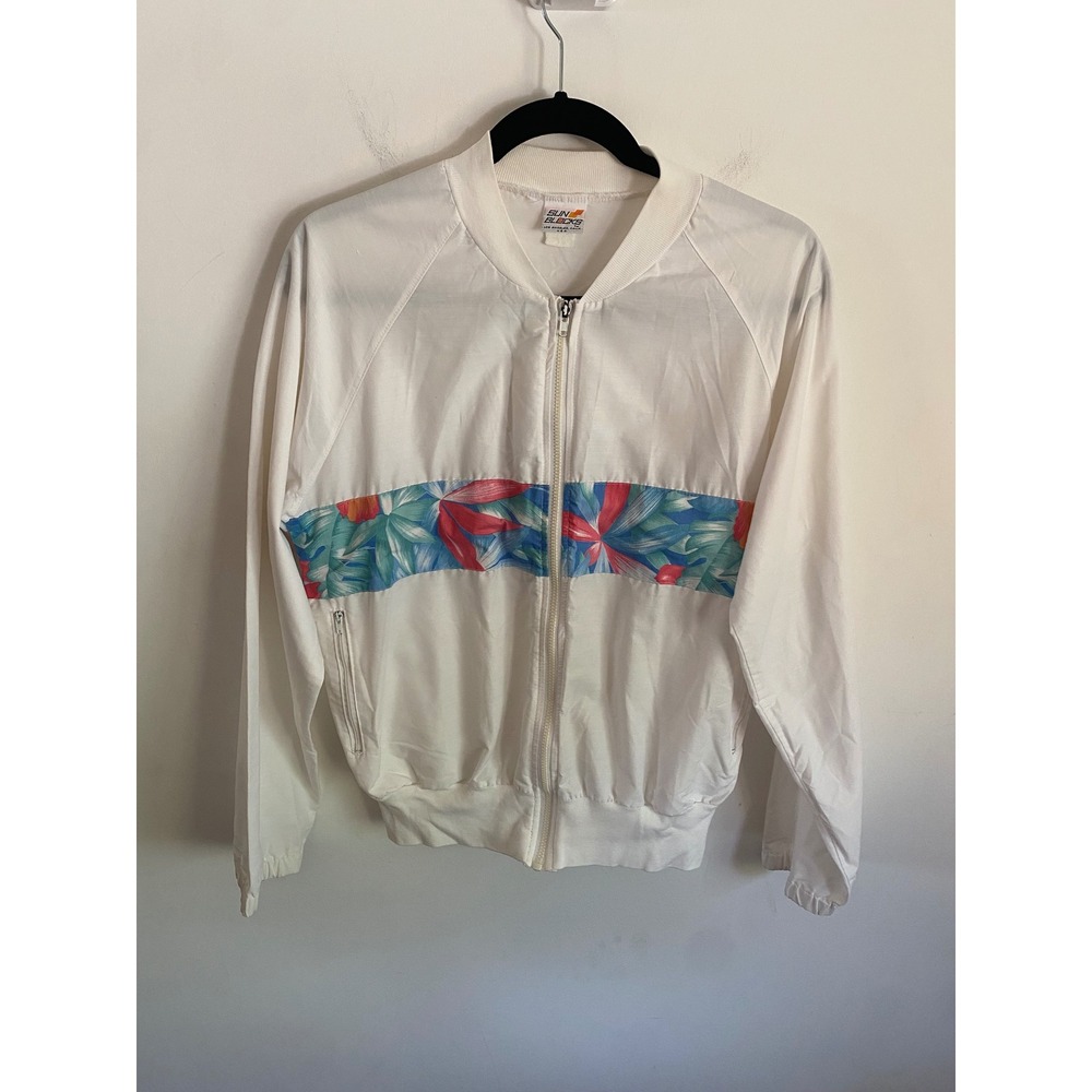 Vintage Sun Blocks White Tropical Floral Stripe Zip Up Windbreaker Jacket USA